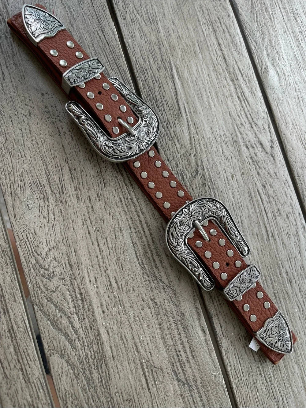 Tan Brown Western Studded Leather Stretch Belt with Ornate Silver Buckles